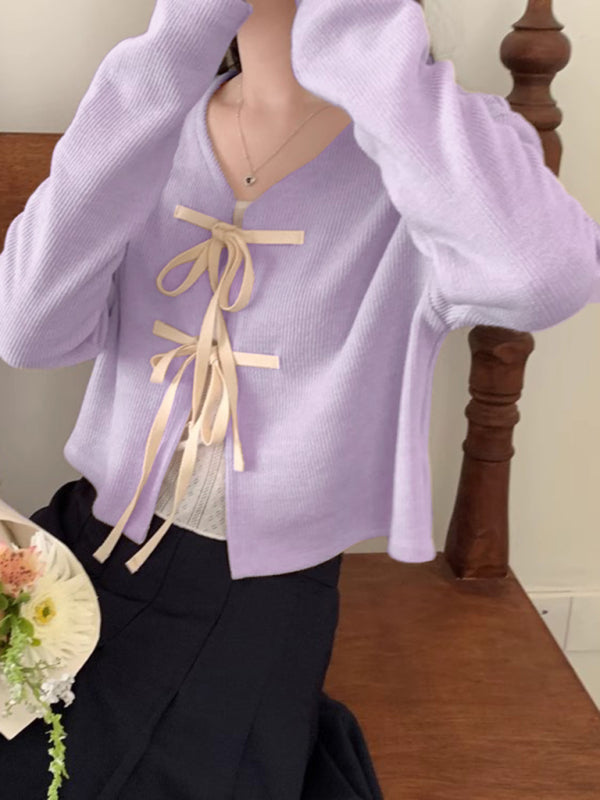 Neues modisches Strickjacken-Oberteil mit Fliege für Damen