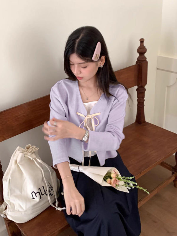 Neues modisches Strickjacken-Oberteil mit Fliege für Damen