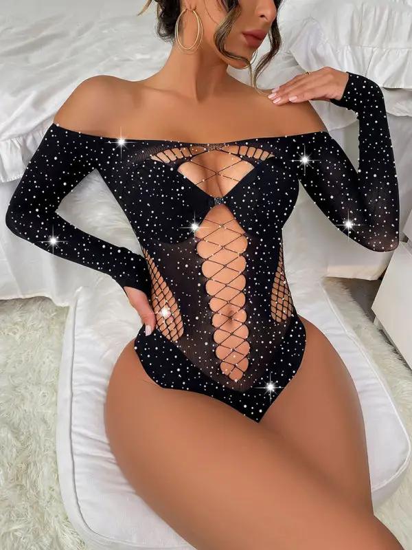 Black diamond fishnet bodysuit with hollow design
