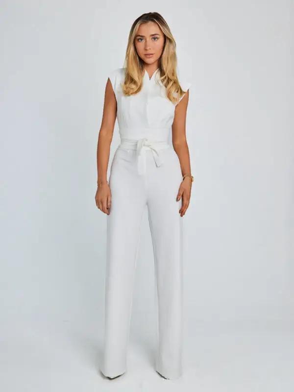 White V-neck sleeveless jumpsuit with strapped waist