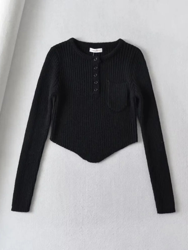 Black round neck thickened curved hem sweater