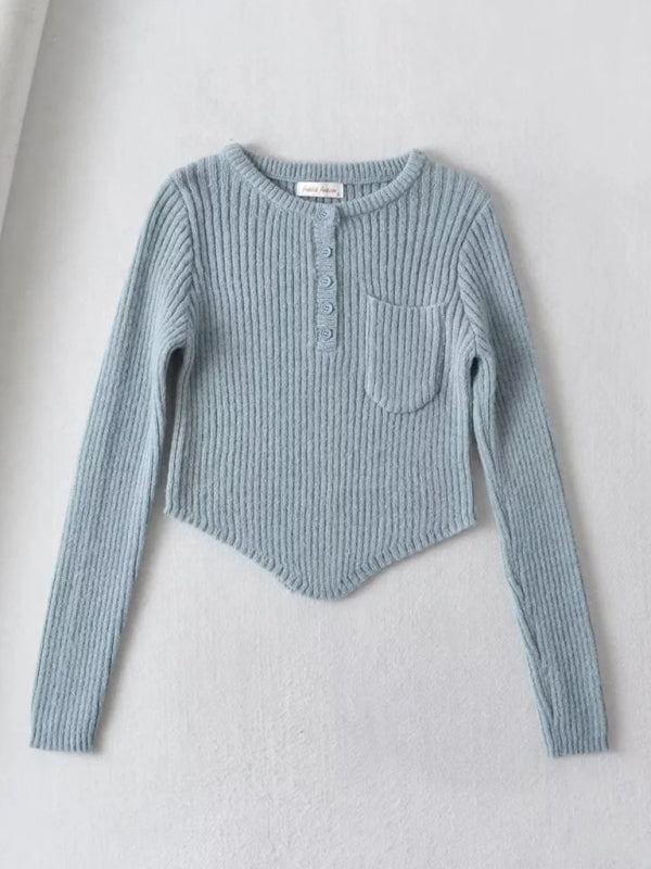 Light blue round neck thickened curved hem sweater