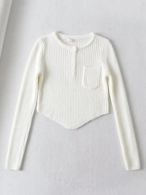 White round neck thickened curved hem sweater