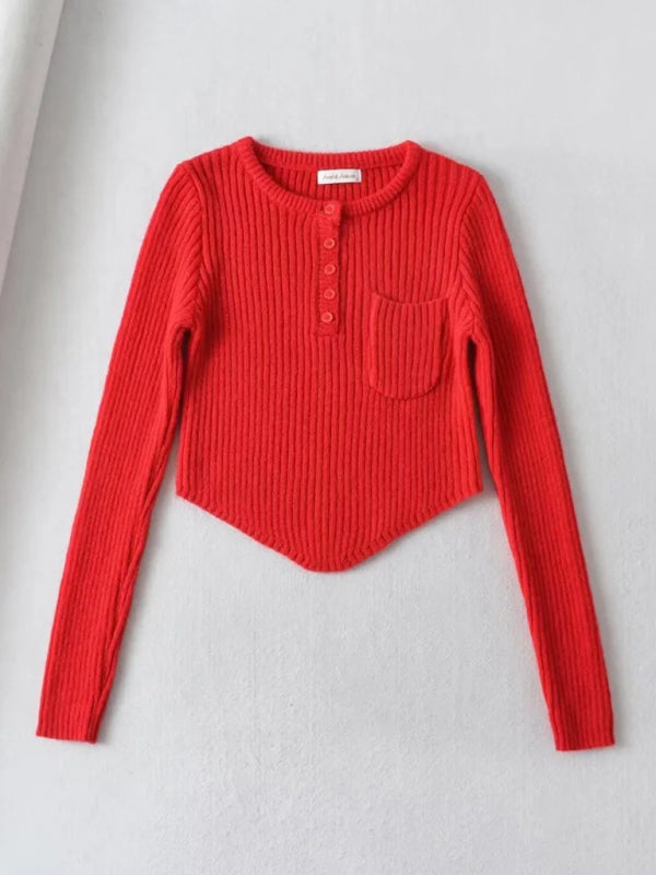 Red round neck thickened curved hem sweater