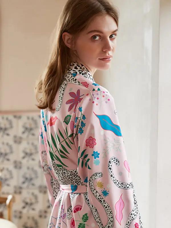 Back view of woman in animal print bathrobe