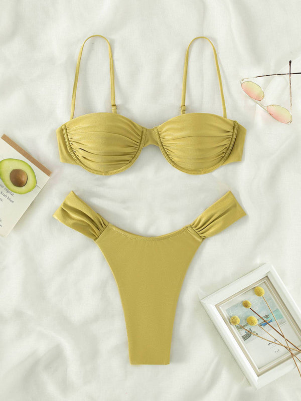 Bikini de plage plissé à bretelles sexy pour femme