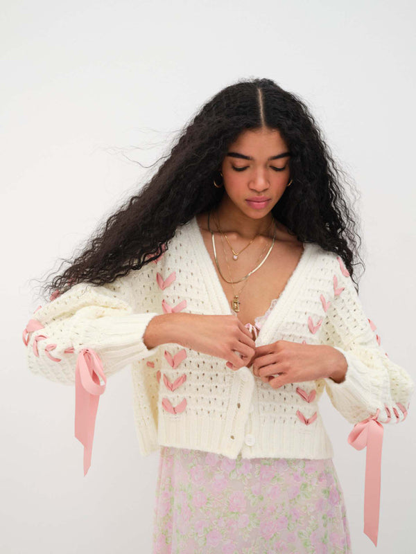 Cardigan tricoté ajouré à lacets pour femmes, col en v, haut, ample, pull décontracté, veste