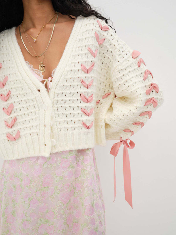 Cardigan tricoté ajouré à lacets pour femmes, col en v, haut, ample, pull décontracté, veste