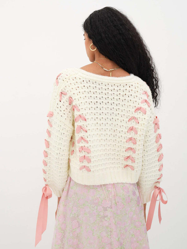 Cardigan tricoté ajouré à lacets pour femmes, col en v, haut, ample, pull décontracté, veste