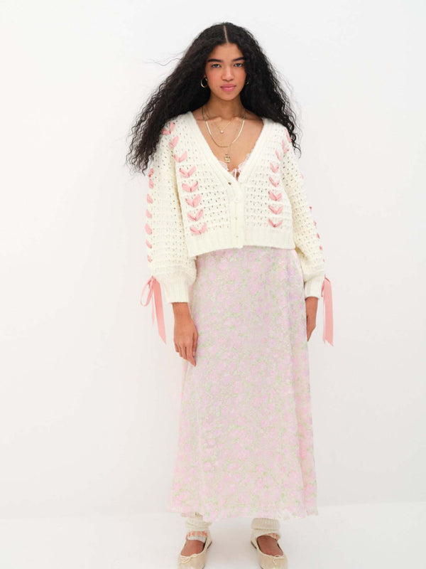 Cardigan tricoté ajouré à lacets pour femmes, col en v, haut, ample, pull décontracté, veste