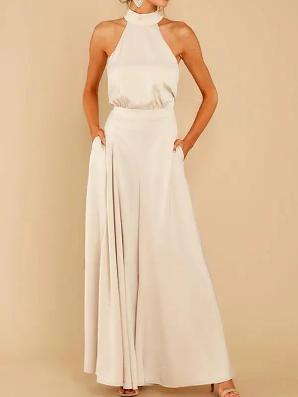 Beige halter-neck wide-leg jumpsuit, front view