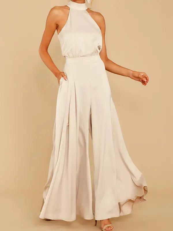 Beige halter-neck wide-leg jumpsuit, front view
