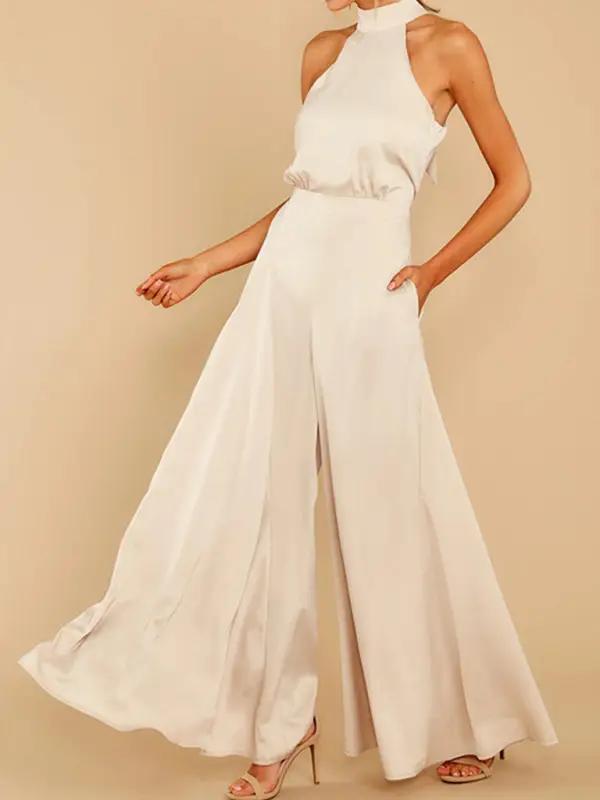 Beige halter-neck wide-leg jumpsuit, front view
