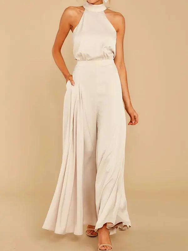 Beige halter-neck wide-leg jumpsuit, front view
