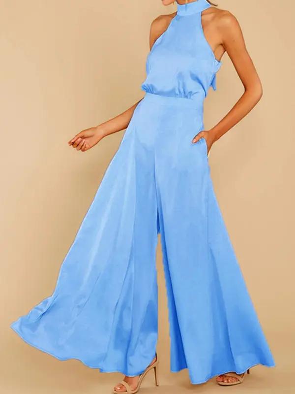Blue halter-neck wide-leg jumpsuit, front view