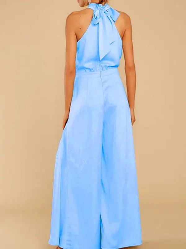 Blue halter-neck wide-leg jumpsuit, back view