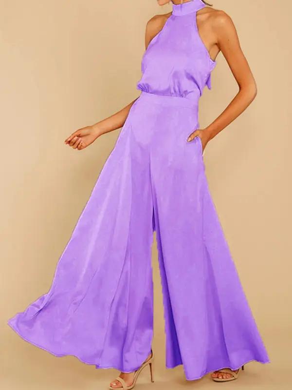Purple halter-neck wide-leg jumpsuit, front view