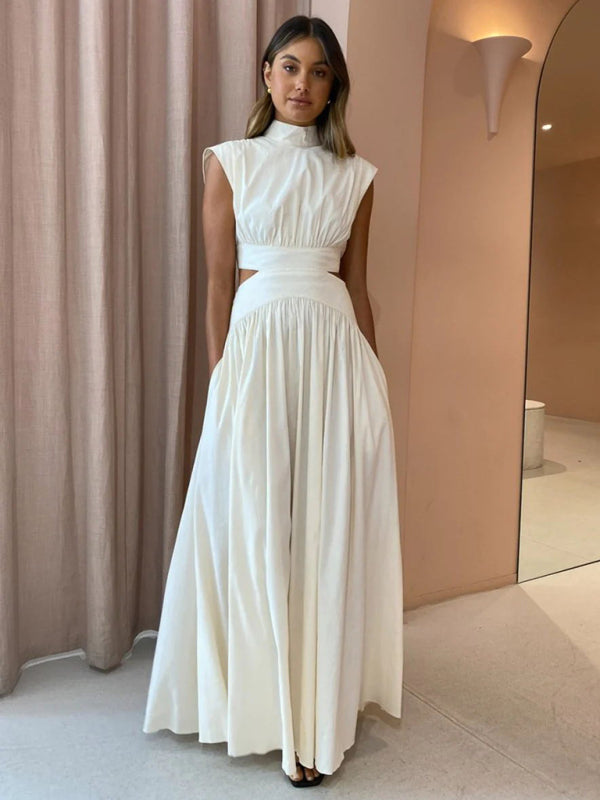 Neues einfarbiges, sexy, freiliegendes, plissiertes Kleid mit großem Rock und leerer Taille