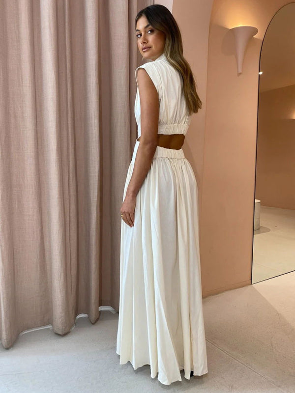 Neues einfarbiges, sexy, freiliegendes, plissiertes Kleid mit großem Rock und leerer Taille