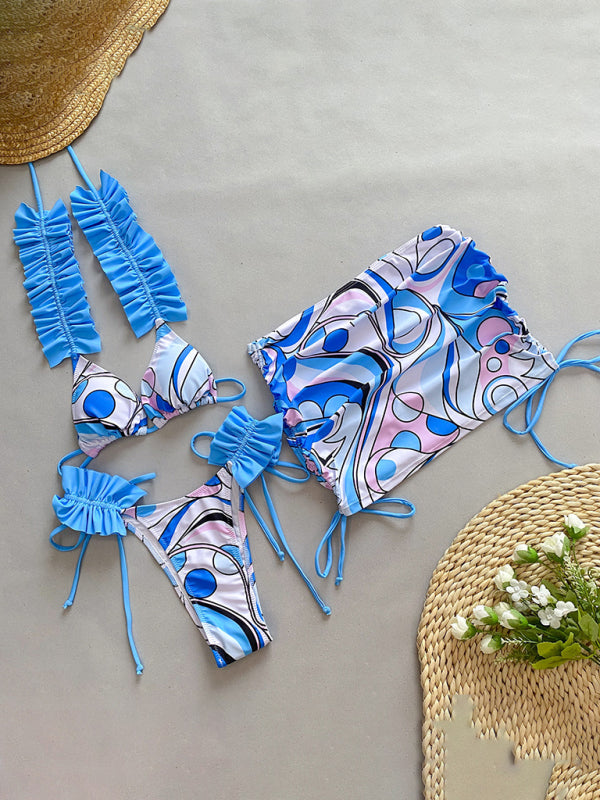 Nouveau maillot de bain trois pièces bikini à volants et fendu pour femmes