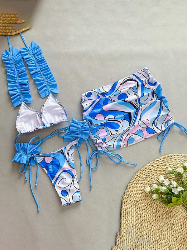 Nouveau maillot de bain trois pièces bikini à volants et fendu pour femmes