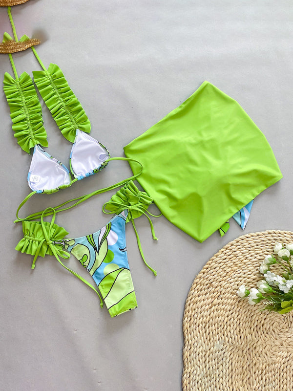 Nouveau maillot de bain trois pièces bikini à volants et fendu pour femmes