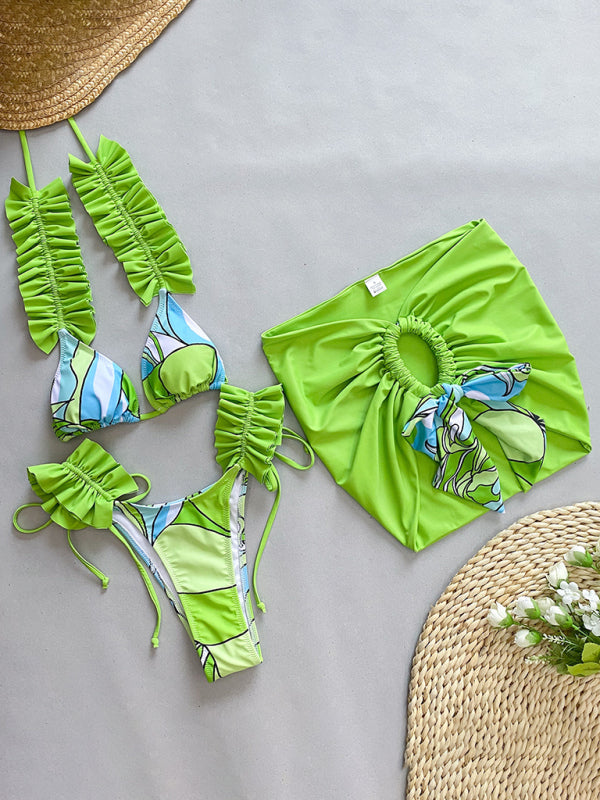 Nouveau maillot de bain trois pièces bikini à volants et fendu pour femmes
