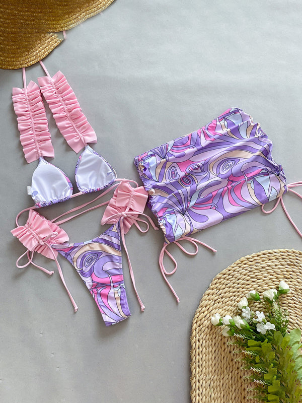 Nouveau maillot de bain trois pièces bikini à volants et fendu pour femmes
