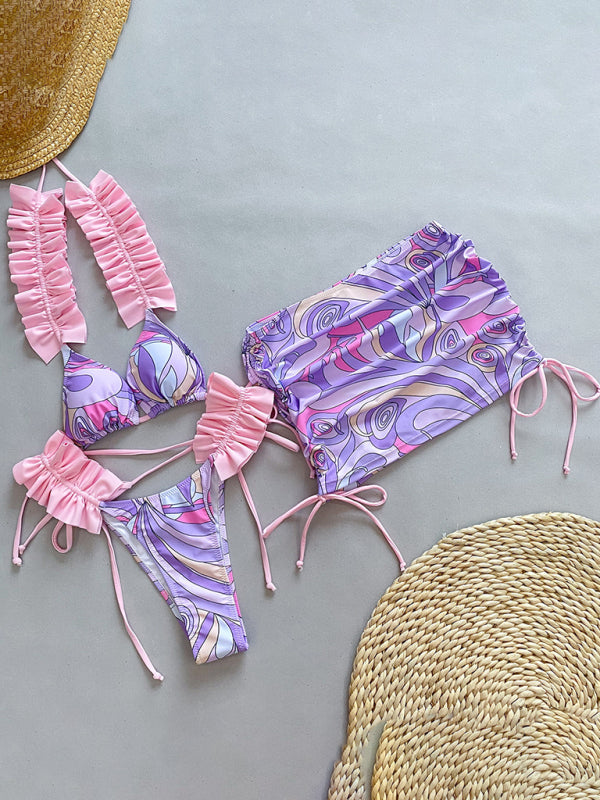 Nouveau maillot de bain trois pièces bikini à volants et fendu pour femmes