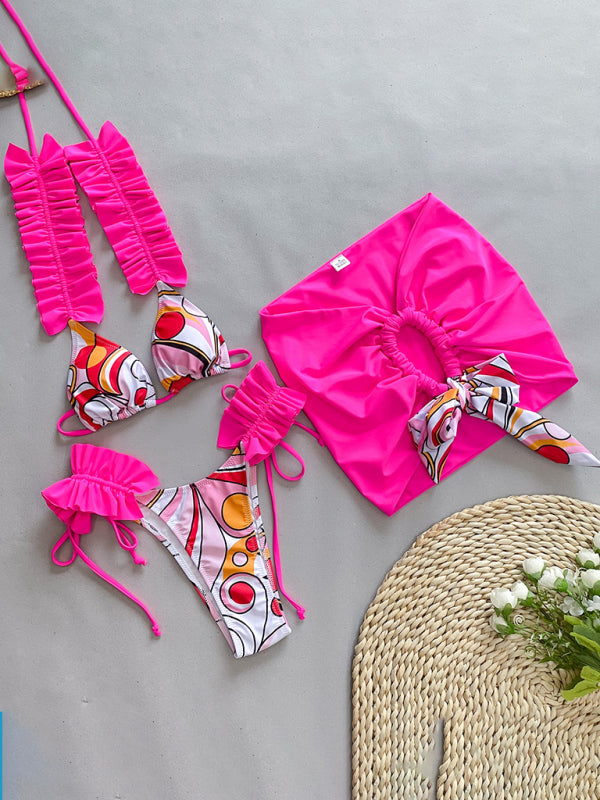 Nouveau maillot de bain trois pièces bikini à volants et fendu pour femmes