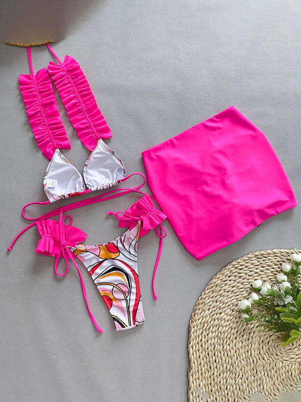 Nouveau maillot de bain trois pièces bikini à volants et fendu pour femmes