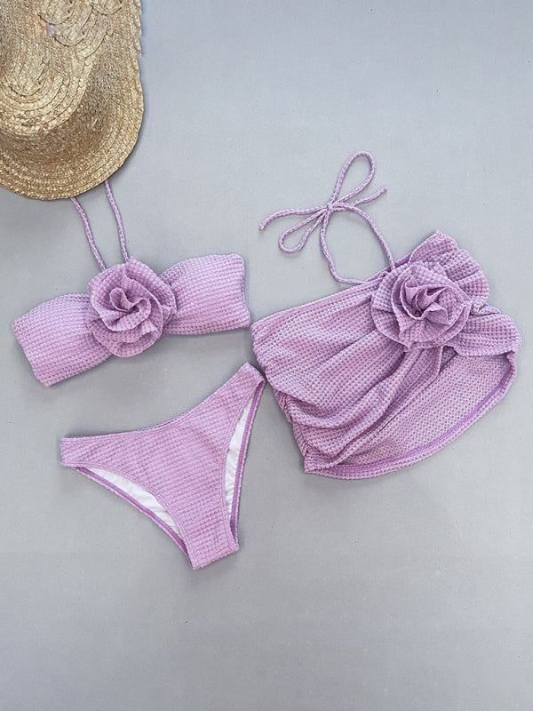 Neuer dreiteiliger Bikini für Damen mit dreidimensionalem Blumen-Split-Badeanzug