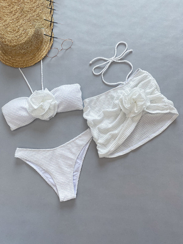 Neuer dreiteiliger Bikini für Damen mit dreidimensionalem Blumen-Split-Badeanzug
