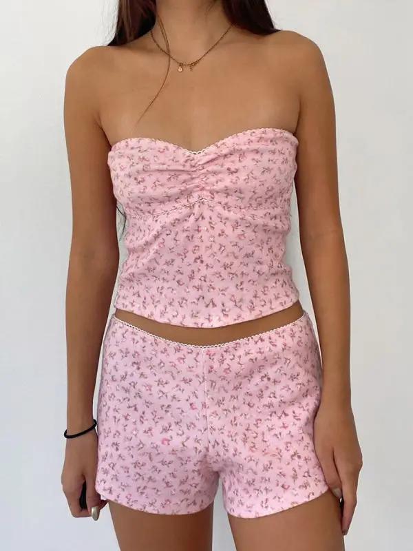 Pink printed tube top and lace shorts set