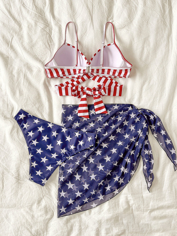 Three-piece swimsuit with flag print, stars and stripes