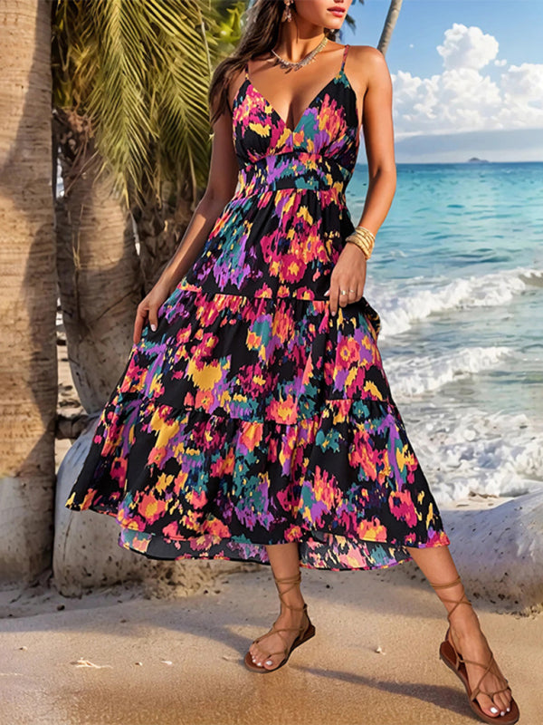 Robe longue imprimée trapèze, nouvelle collection, jupe fendue, bretelles, dos nu