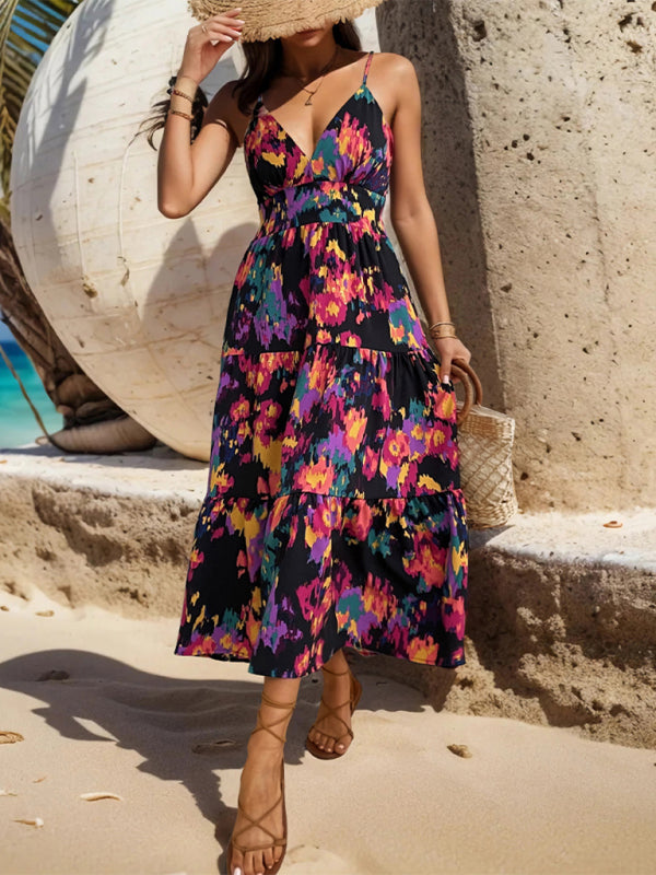 Robe longue imprimée trapèze, nouvelle collection, jupe fendue, bretelles, dos nu