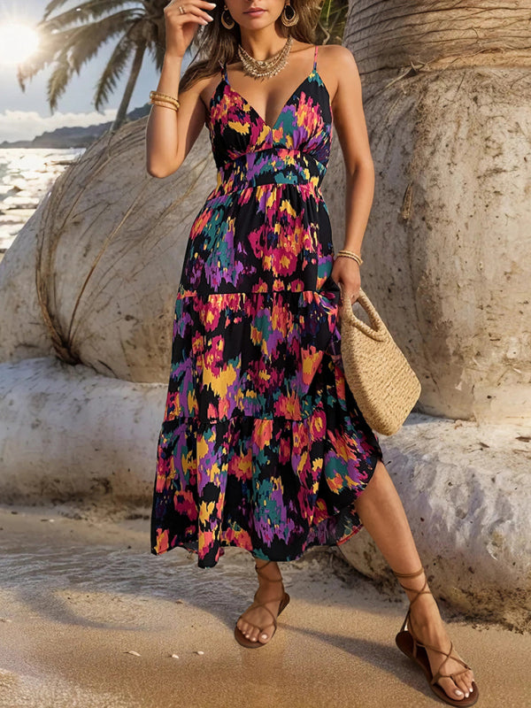 Robe longue imprimée trapèze, nouvelle collection, jupe fendue, bretelles, dos nu