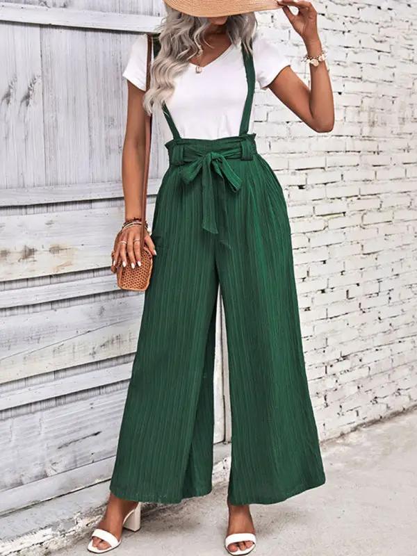 Chic green wide leg overalls with adjustable straps and bow