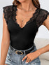 Black lace V-neck bodysuit with denim shorts