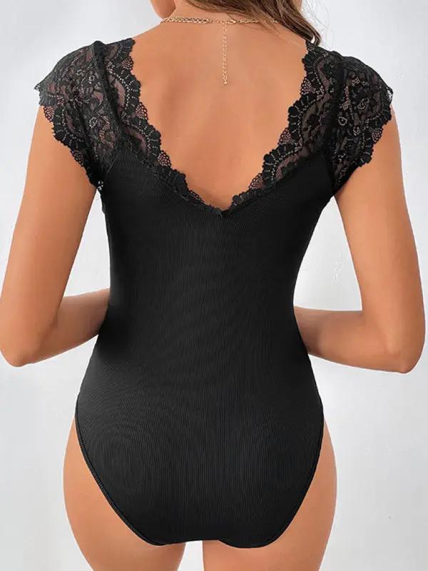Back view of black lace V-neck bodysuit