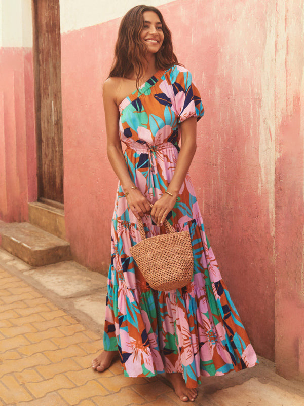 Schulterfreies, florales High-End-Kleid für Damen im Urlaubsstil