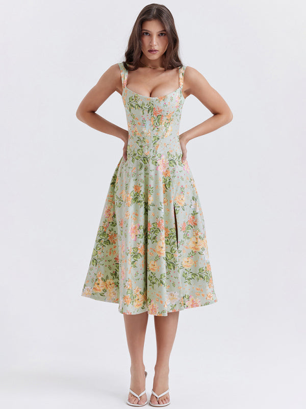 Robe florale fendue sexy à bretelles fines pour femmes