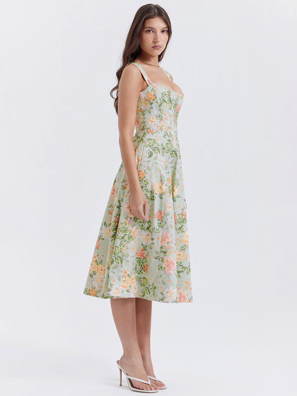 Robe florale fendue sexy à bretelles fines pour femmes