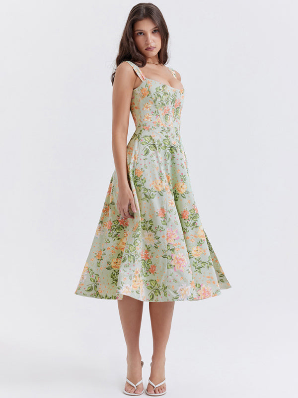 Robe florale fendue sexy à bretelles fines pour femmes