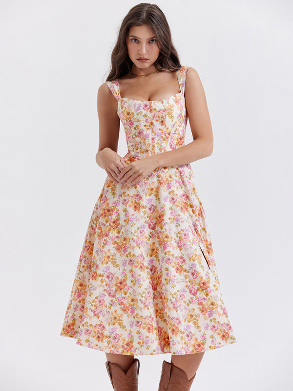 Robe florale fendue sexy à bretelles fines pour femmes