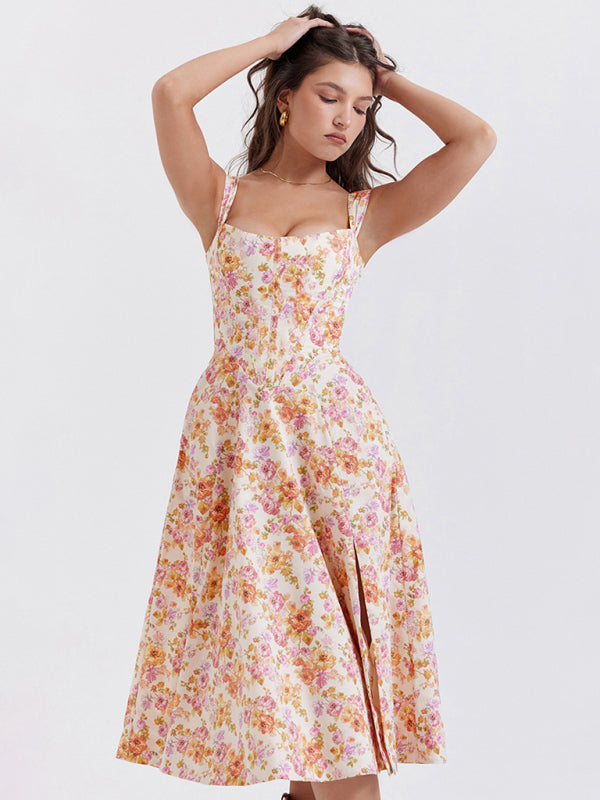 Robe florale fendue sexy à bretelles fines pour femmes