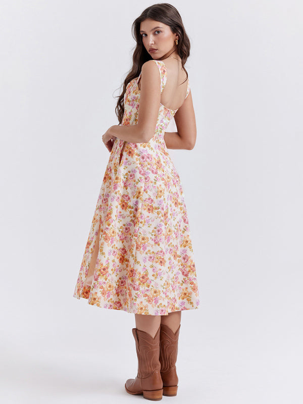 Robe florale fendue sexy à bretelles fines pour femmes