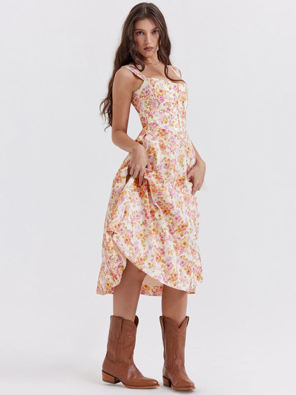 Robe florale fendue sexy à bretelles fines pour femmes