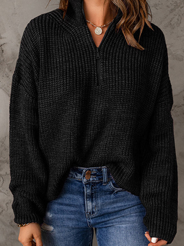 Pull ample à manches longues et col roulé pour femme, fermeture éclair
